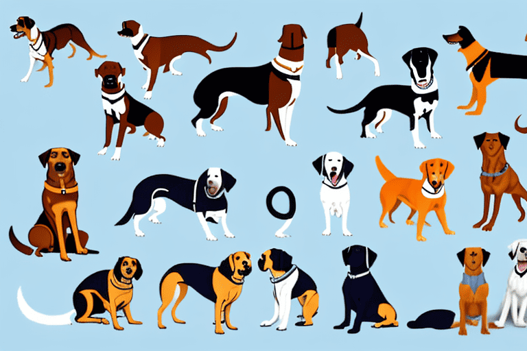 Various breeds of dogs exhibiting different behaviors