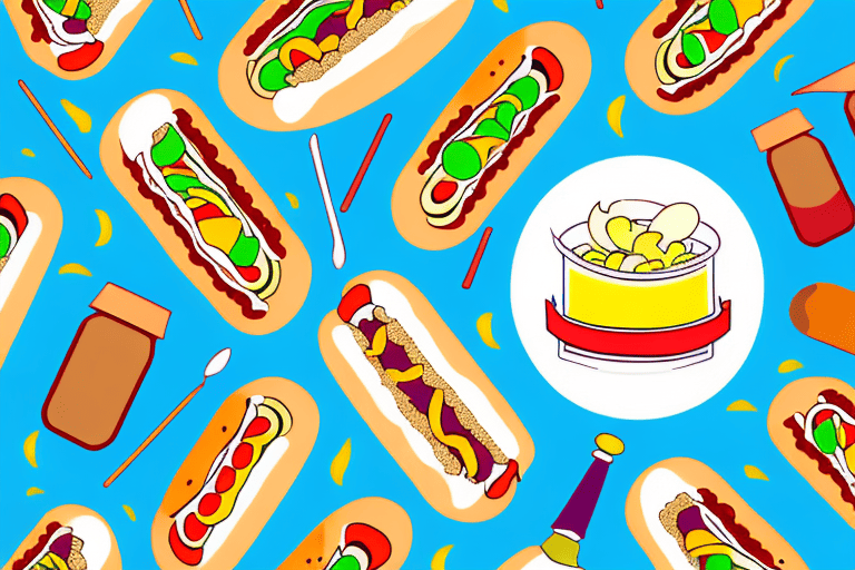 A variety of relishes in different jars next to a hot dog on a plate