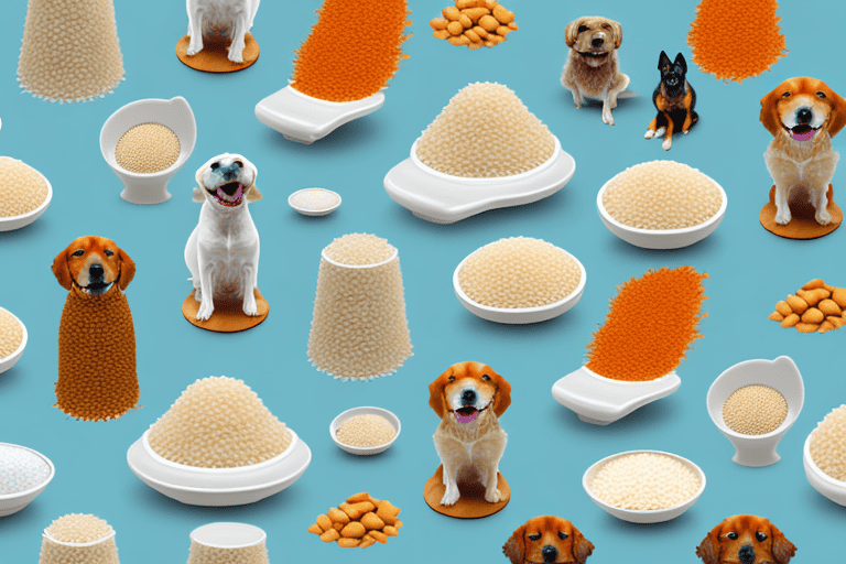 A few different types of rice in separate bowls with a variety of dogs eagerly waiting to eat