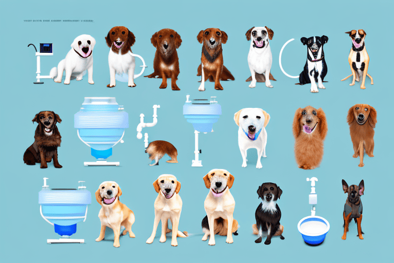 Several breeds of dogs happily drinking from different types of clean water sources such as a bowl