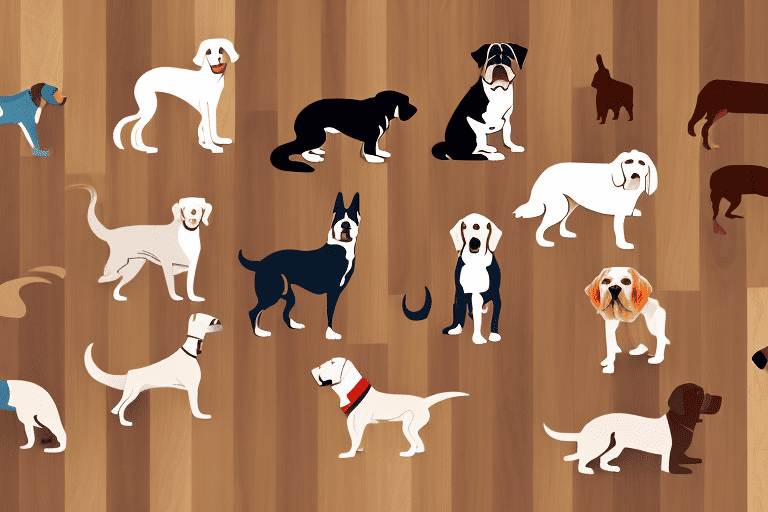 A few different types of wood flooring with a variety of dog breeds happily playing or resting on them