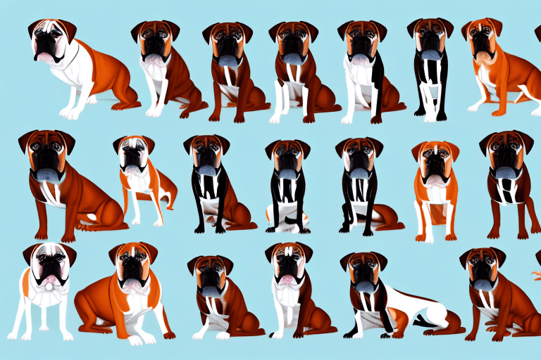 Several distinct types of boxer dogs in various poses to highlight their unique characteristics and differences