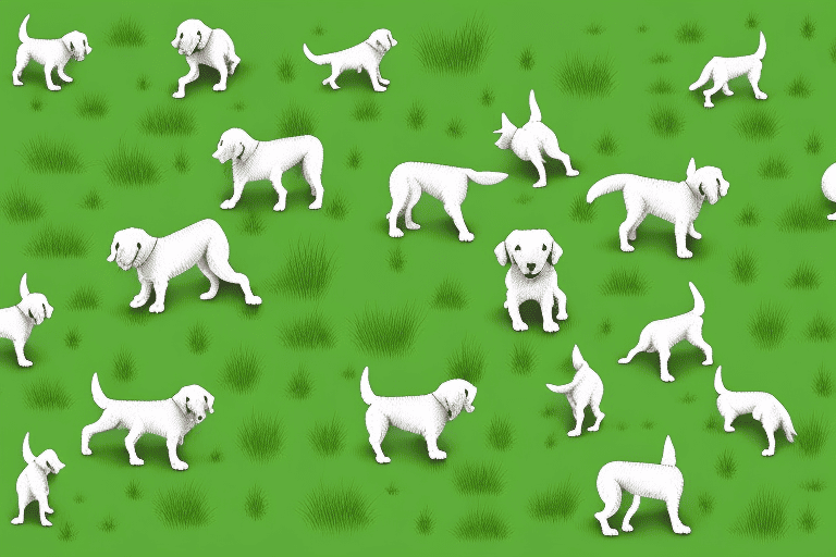 Several different types of grass with dogs happily playing on them