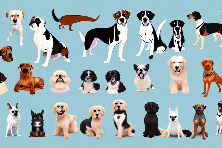 Several different types of dogs displaying unique characteristics or behaviors that are commonly associated with their breeds