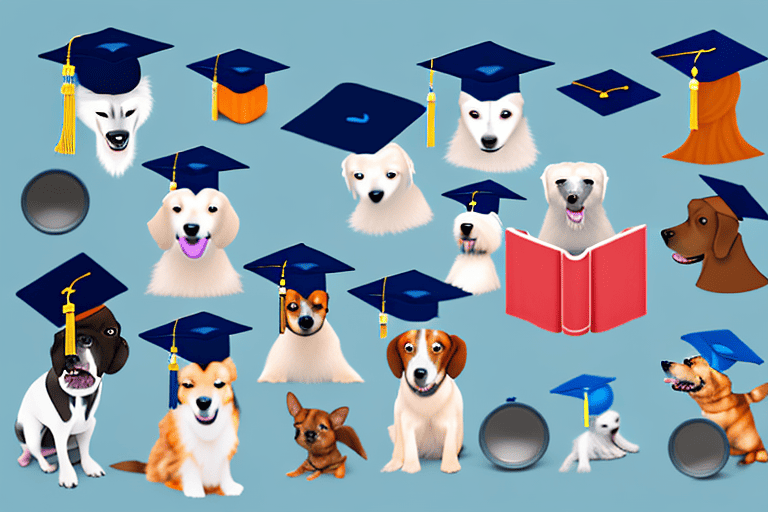 Several different types of dogs wearing graduation caps