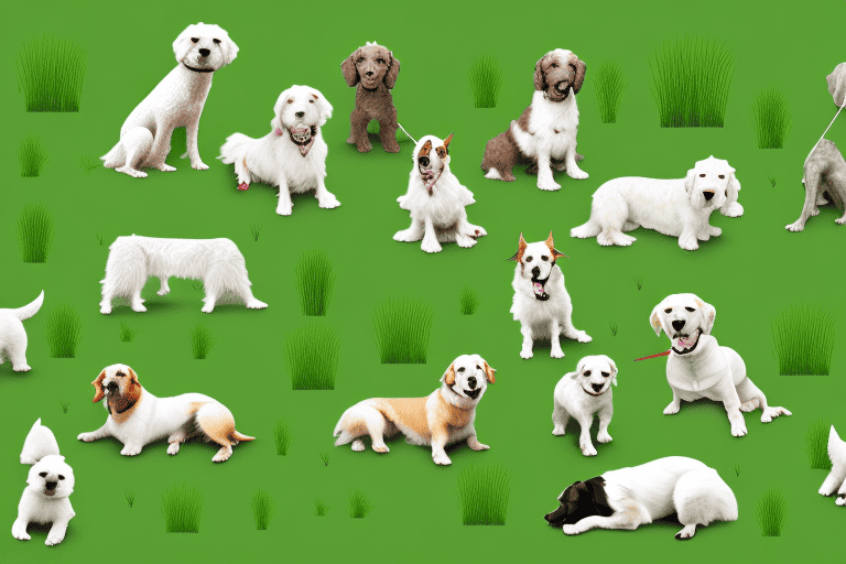 Several different types of grass with a variety of dogs happily playing and lounging on them