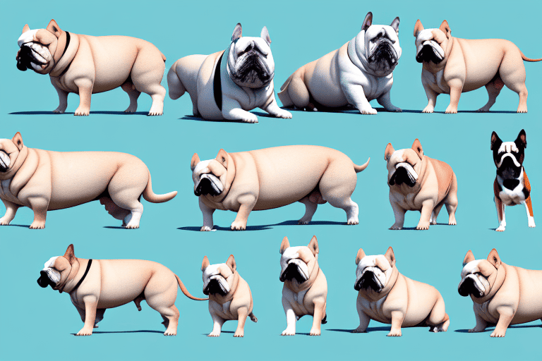 Several different xl bully type dogs in various poses
