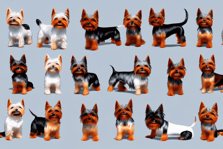 Several distinct types of yorkie dogs showcasing their unique features and variations in coat colors and sizes