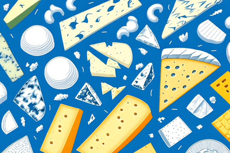 A variety of cheese types scattered around a playful dog