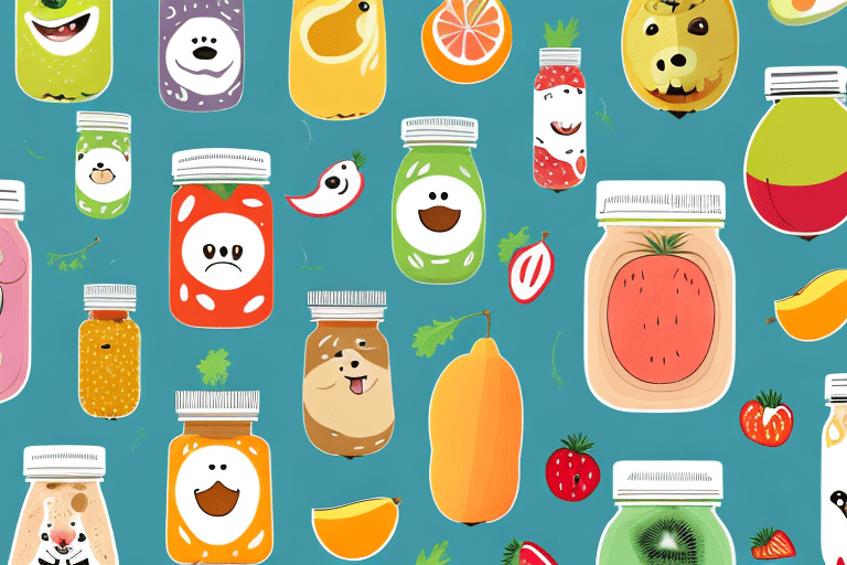 A variety of baby food jars with pictures of dog-friendly fruits and vegetables on them