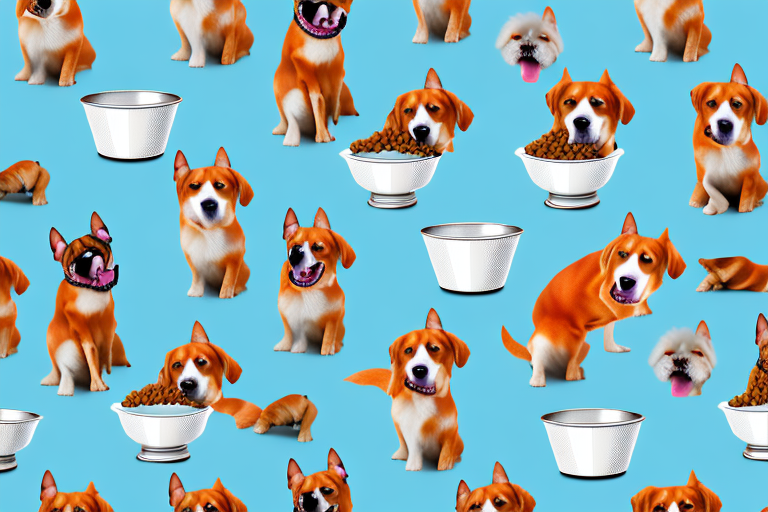 Various types of dogs happily eating from bowls filled with cesar dog food