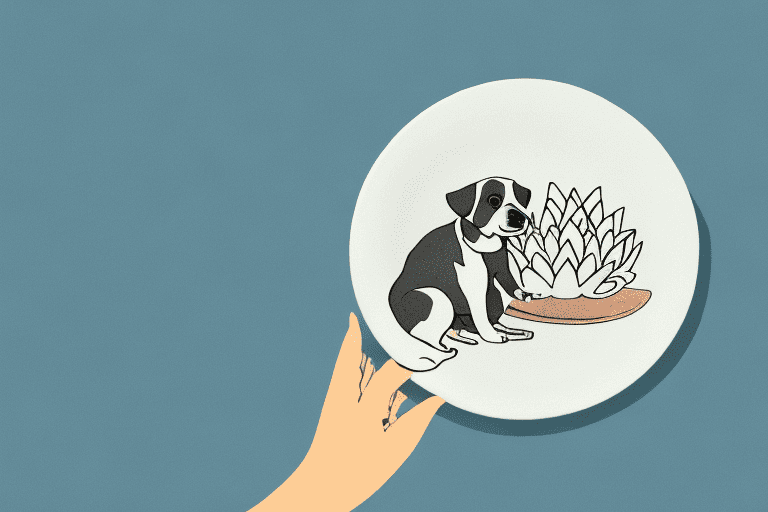 A curious dog sniffing a piece of lotus root placed on a plate