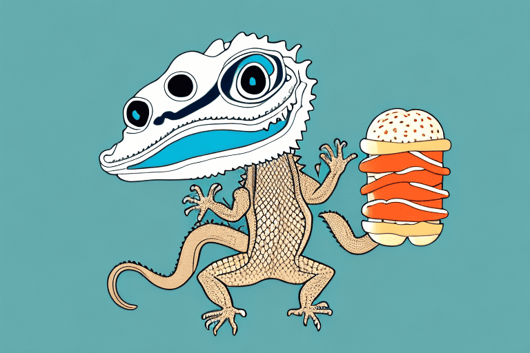 A curious bearded dragon eyeing a hot dog placed at a safe distance