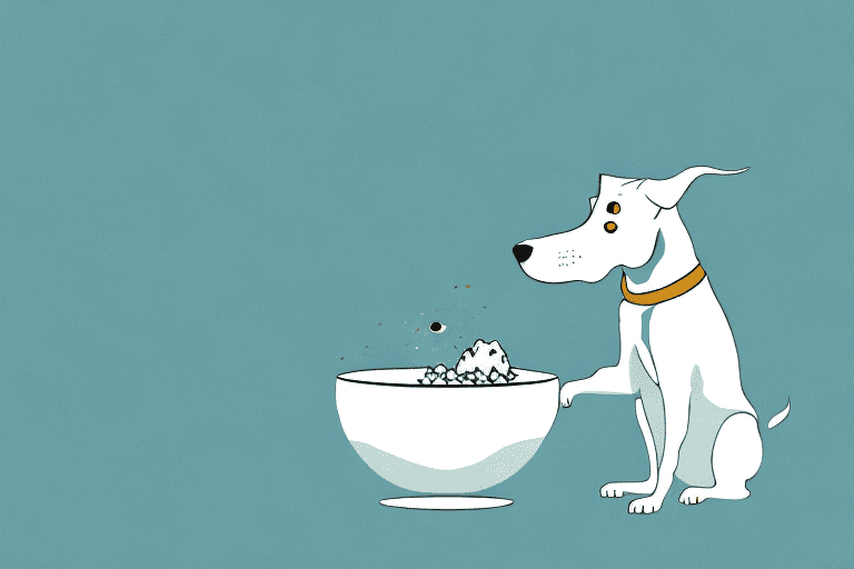 A curious dog sniffing at a bowl filled with bonito flakes