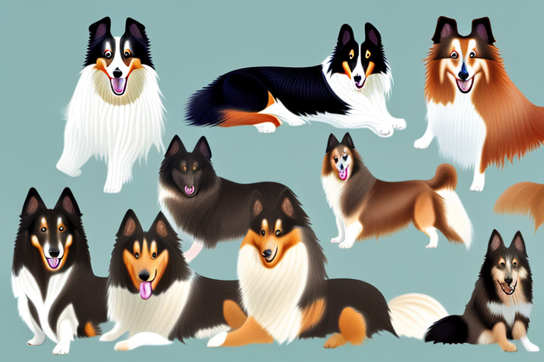 A variety of collie type dogs in different poses