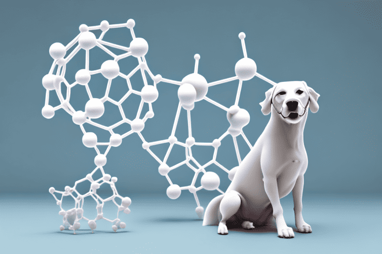 A dog sitting next to a 3d model of a cystine molecule