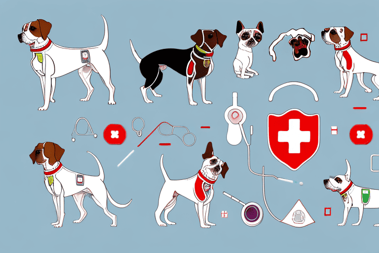 Four different dogs each with a distinct visual marker (like a colored collar or bandana) representing the four dea blood types in dogs