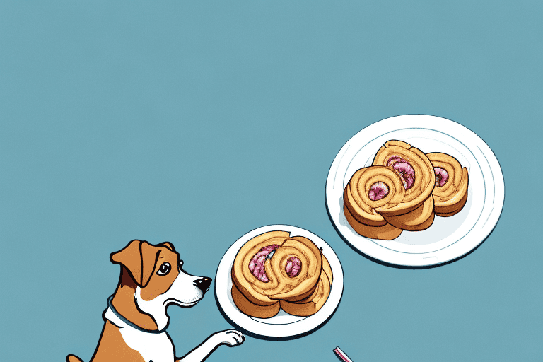 A curious dog sitting in front of a plate of king's hawaiian rolls