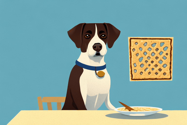 A curious dog sitting next to a table with a piece of matzo on it