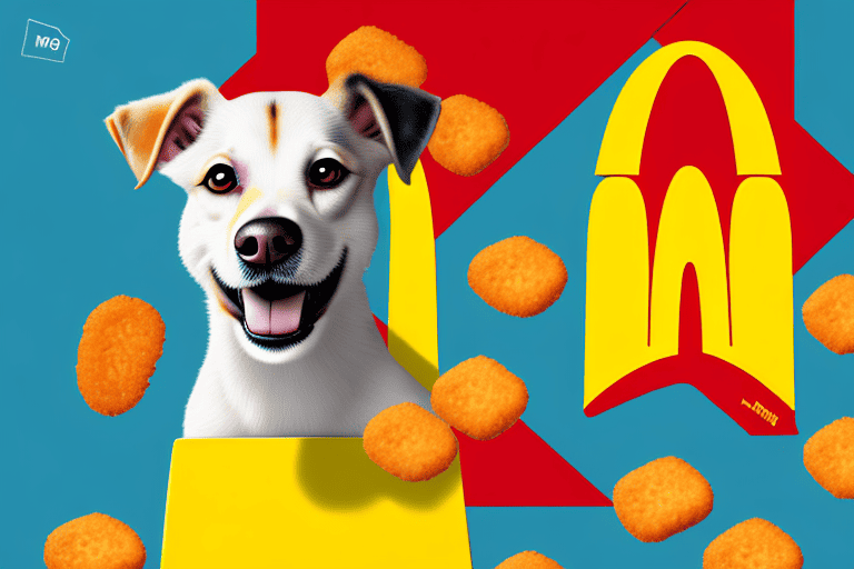 A curious dog looking longingly at a box of chicken nuggets on a table