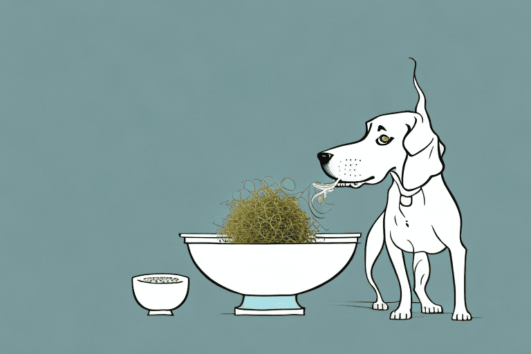 A curious dog sniffing a bowl full of mung bean sprouts