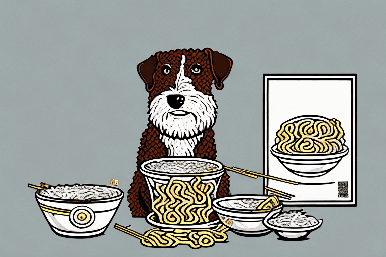 A curious dog sitting in front of a bowl of ramen noodles