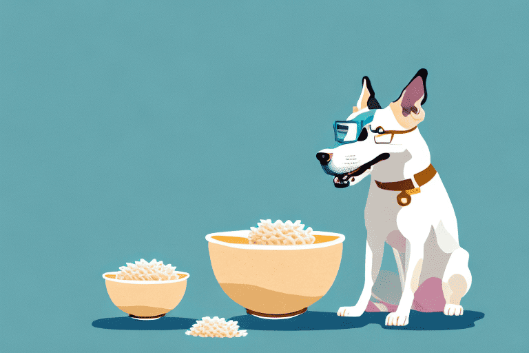 A curious dog sitting in front of a bowl filled with rice krispies