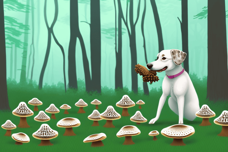 A curious dog sniffing a cluster of morel mushrooms in a forest setting