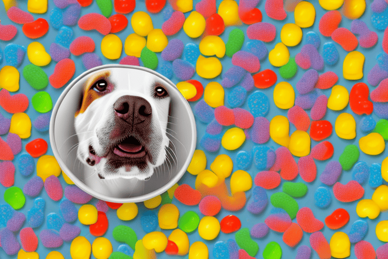 A curious dog looking at a bowl of colorful nerds gummy clusters placed on the floor