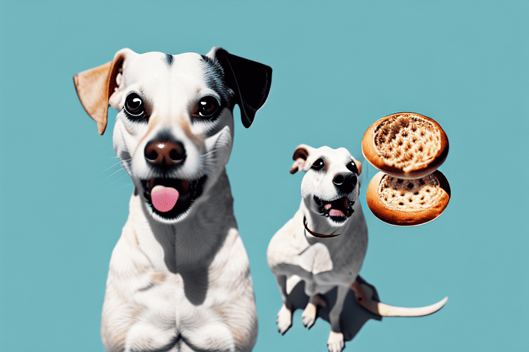 A curious dog sitting in front of a plain bagel