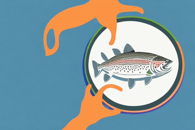 A curious dog looking at a plate with a cooked rainbow trout on it