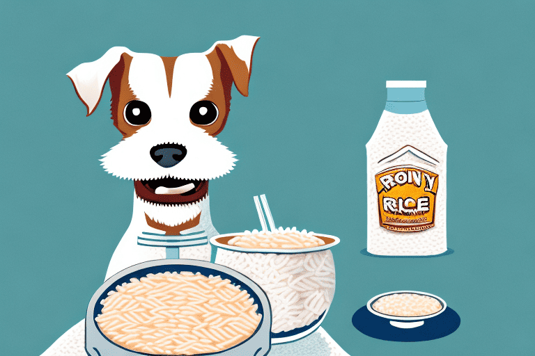 A curious-looking dog sitting in front of a bowl of rice-a-roni