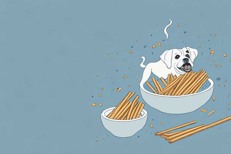 A curious dog looking at a bowl of sesame sticks on the floor