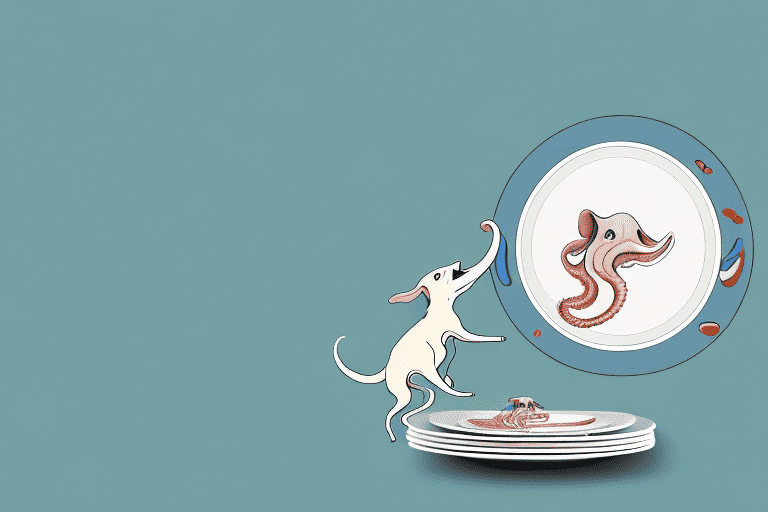 A curious dog looking at a plate with a squid on it