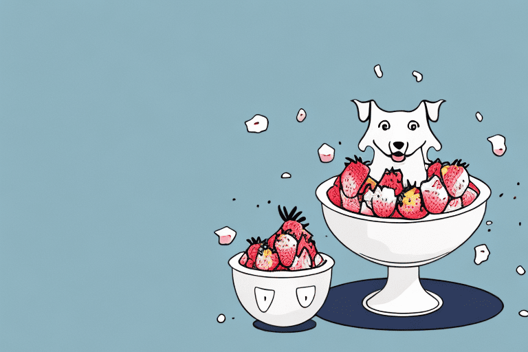 A curious dog sitting in front of a bowl filled with strawberry yogurt