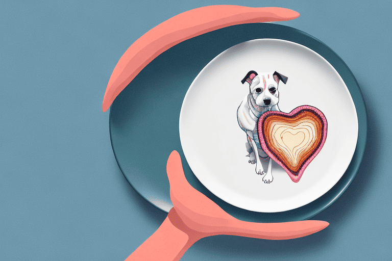 A curious dog looking at a turkey heart on a plate