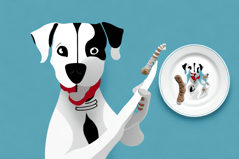 A curious dog looking longingly at a veal bone placed on a plate