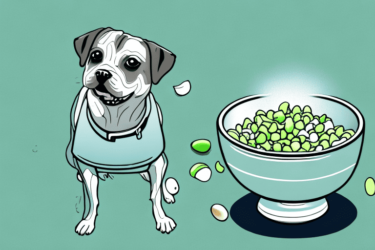 A curious dog looking at a bowl of wasabi peas