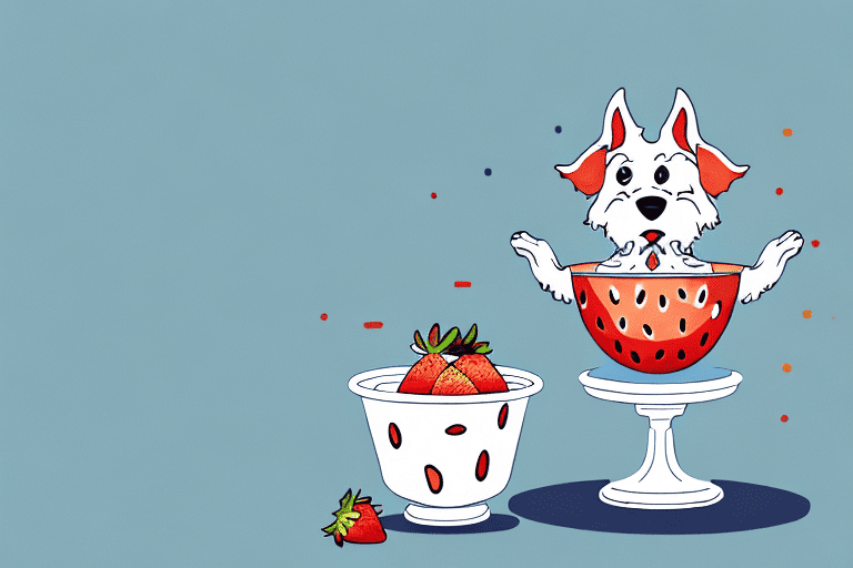 A curious dog sitting in front of a bowl of yoplait strawberry yogurt