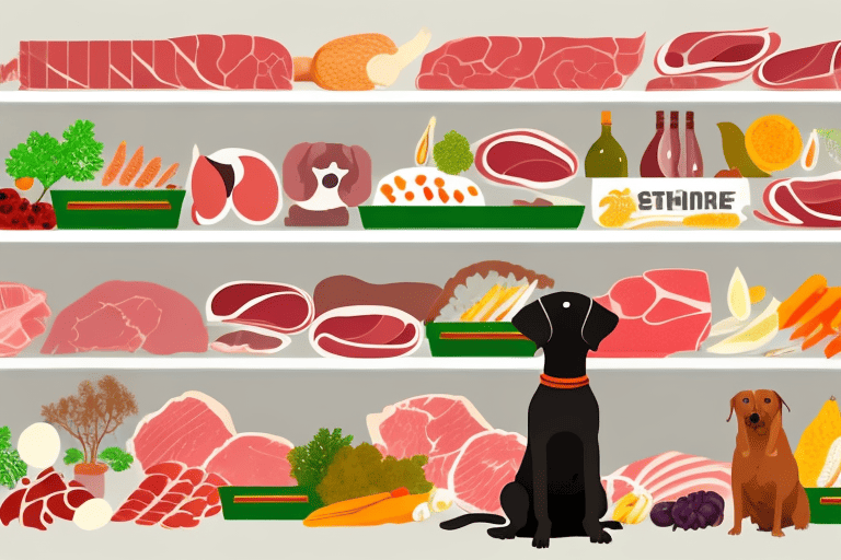 A curious dog sitting in front of a variety of raw meats displayed on a supermarket shelf