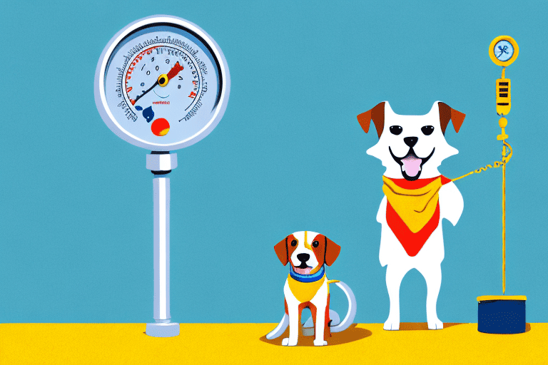 A dog on a leash standing on a sunny sidewalk with a thermometer nearby showing the temperature at 80 degrees