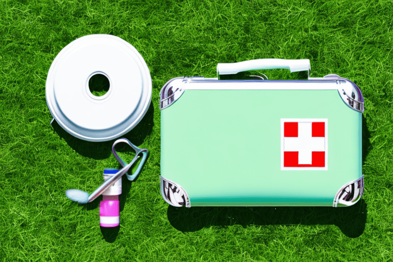 A dog scooting on a grassy lawn with a first aid kit nearby