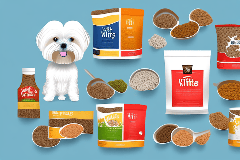 A maltese dog sitting next to a variety of healthy dog foods such as fruits