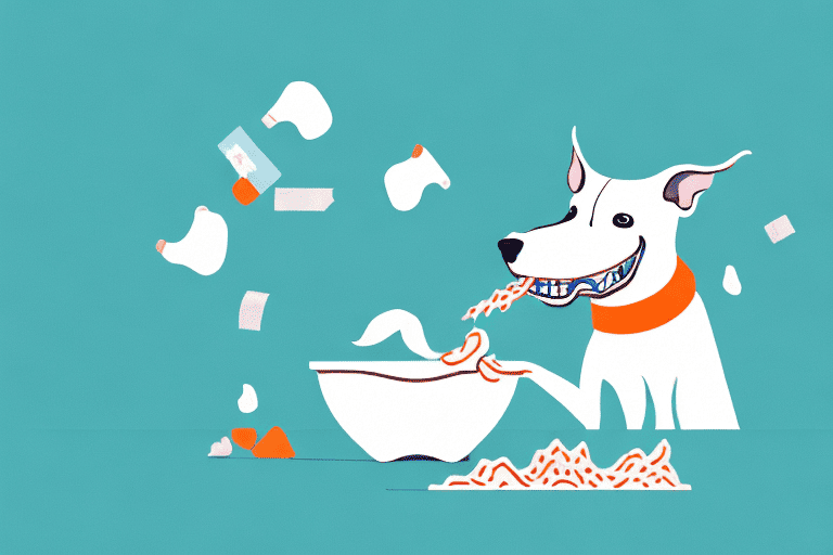A dog happily eating soft food from a bowl