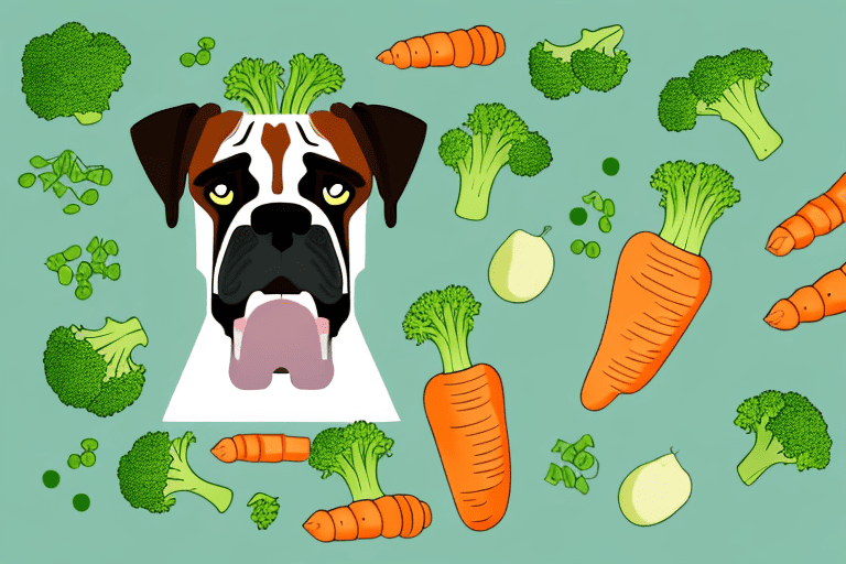 A playful boxer dog surrounded by various vegetables like carrots