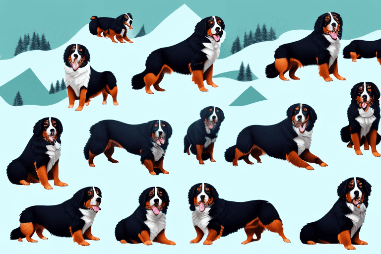 Several distinct types of bernese mountain dogs in various poses