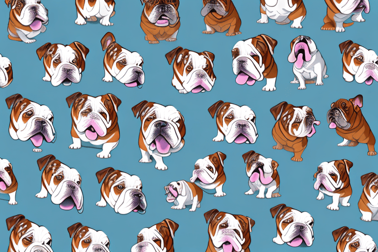 Several distinct types of bulldogs in various playful poses