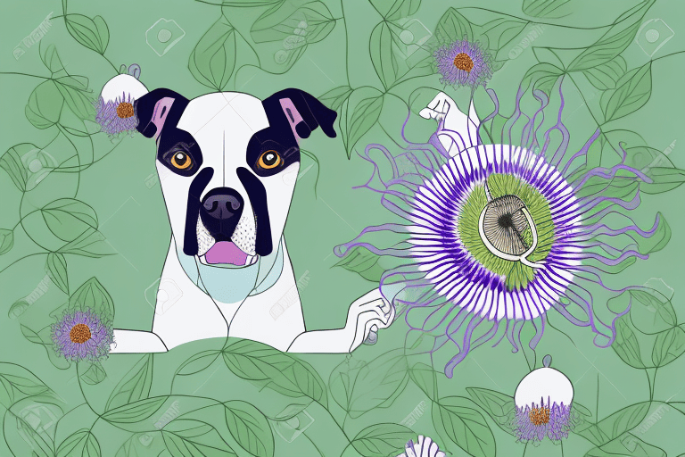 A dog curiously sniffing a passion flower in a garden setting