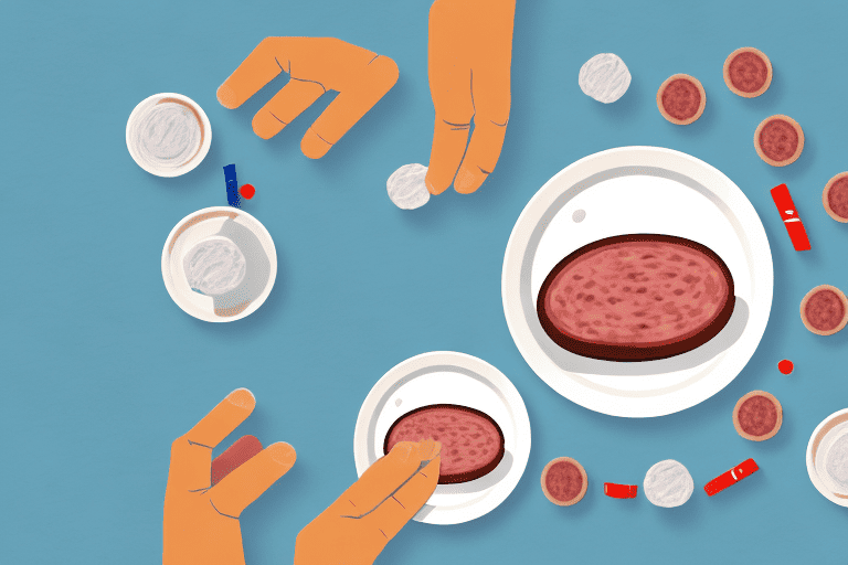 A curious dog looking longingly at a plate of polish sausage placed on a table