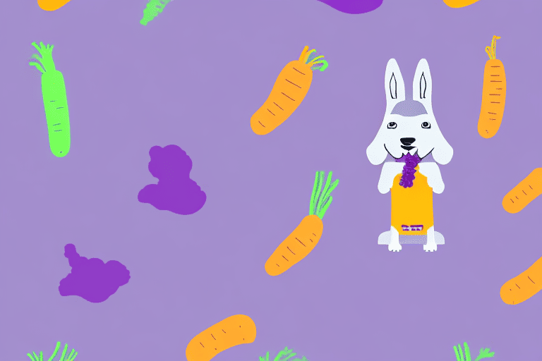 A curious dog sniffing a bunch of purple carrots on a kitchen counter